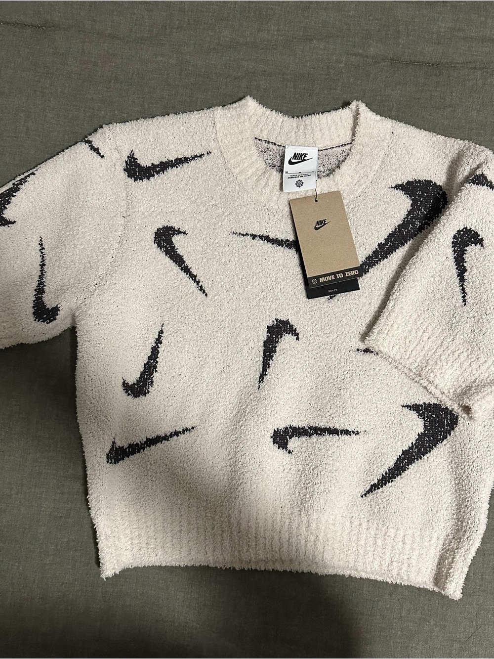 NWT Nike Cream Crewneck Sweater with Black Swoosh Pattern